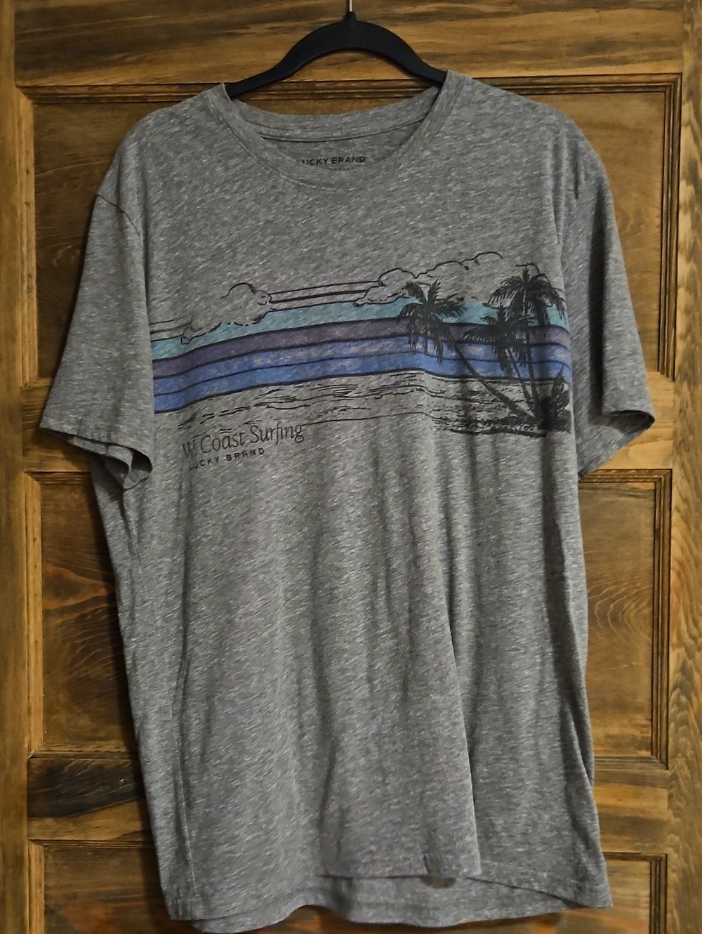 Lucky Brand Gray Short-Sleeve Surf Graphic Tee with Blue-Purple Stripes